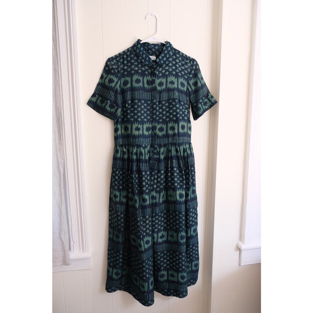 Toast Womens Ikat Shirt Dress Size 6 Navy Green Geometric Print Cotton Silk Midi